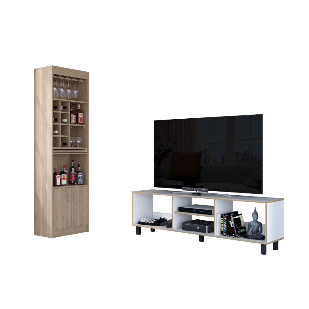 Rack TV + Bar Color Nomik Blanco y Rovere Para Sala De Estar